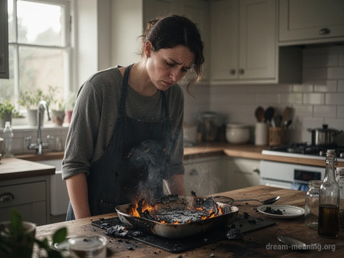 A person looking sadly at a burnt meal in a kitchen.