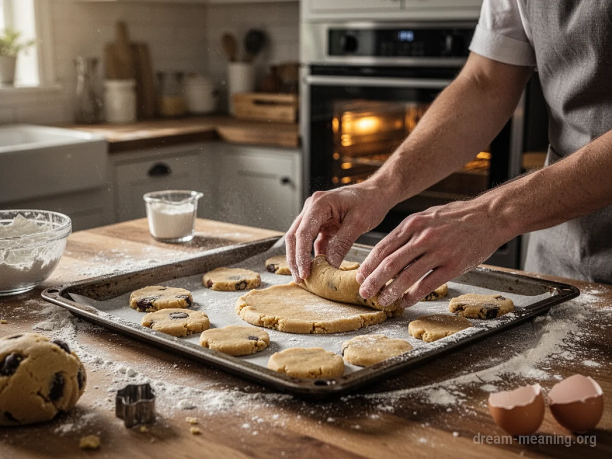 Hands shaping cookie dough on a floured countertop in a kitchen.