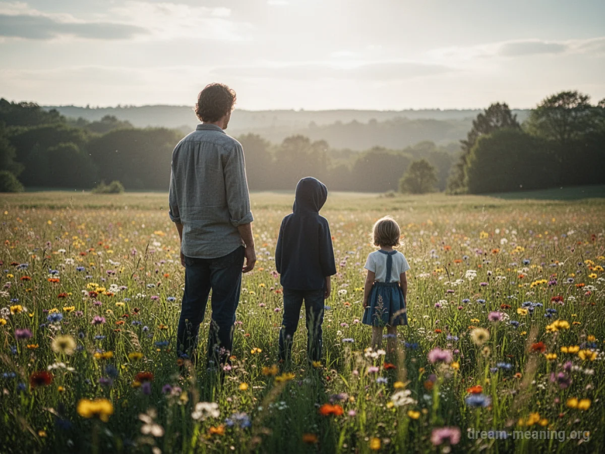 An adult figure looking towards a child-like silhouette in a meadow.