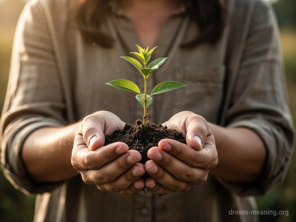 Hands holding a small plant with soft light.