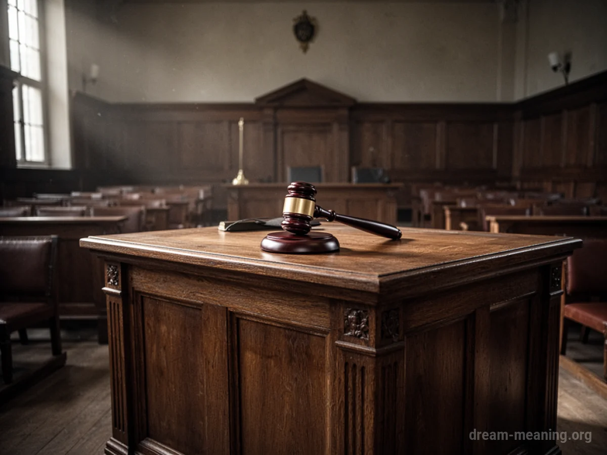 A judge's bench with a gavel in an empty courtroom.