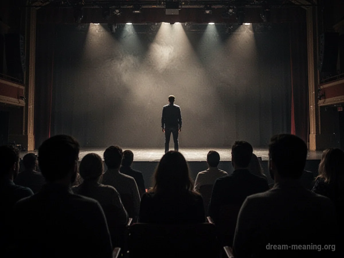 A single figure stands on a stage with a blurred audience.