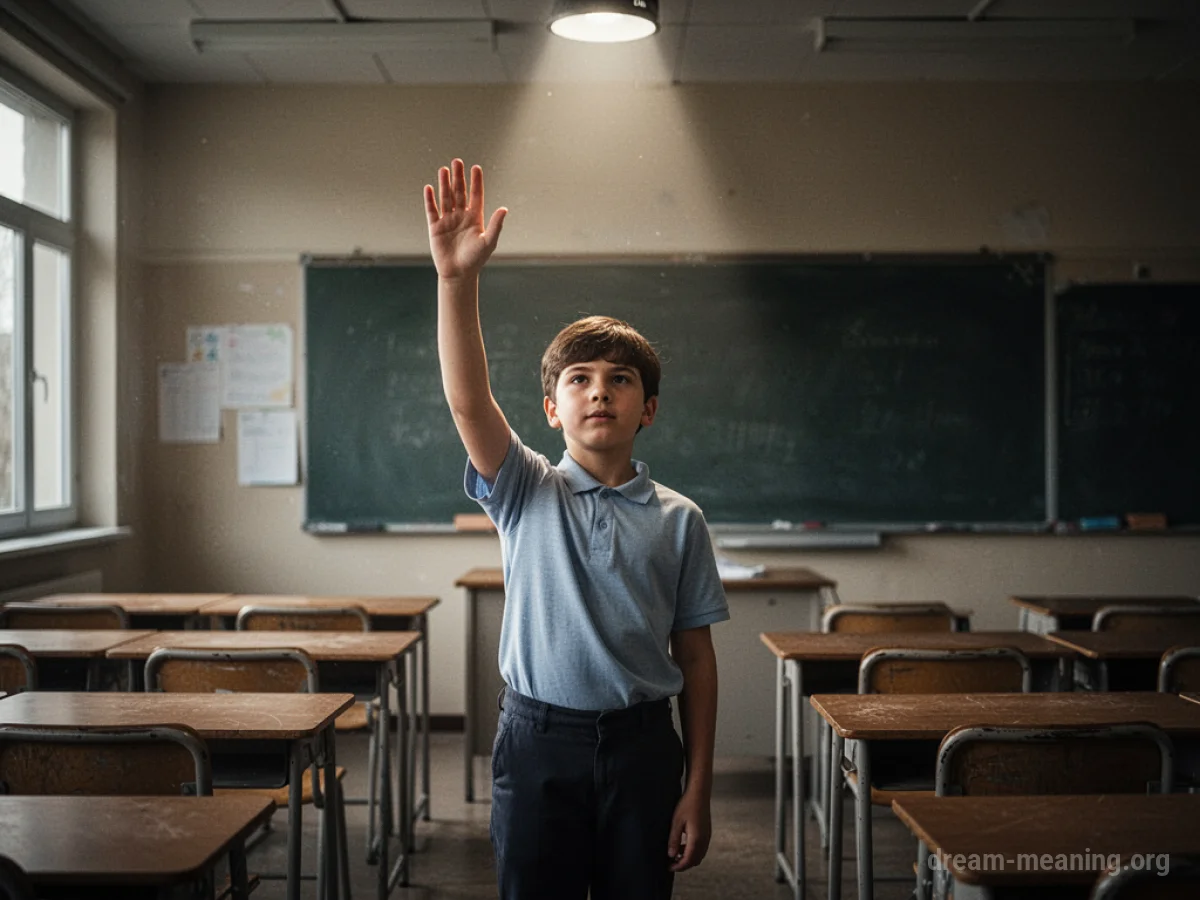 A student's raised hand in a spotlight in an empty classroom.