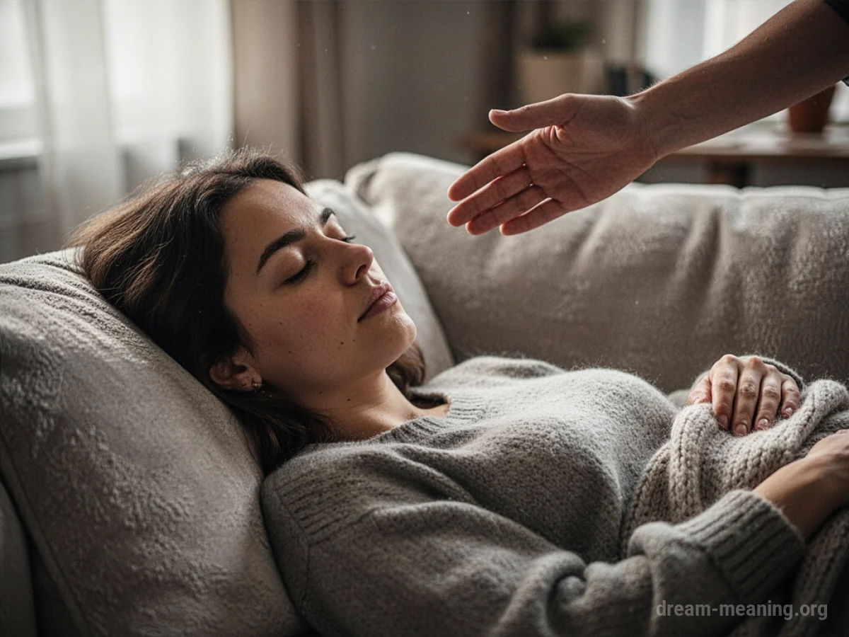A person resting on a couch with a hand nearby.