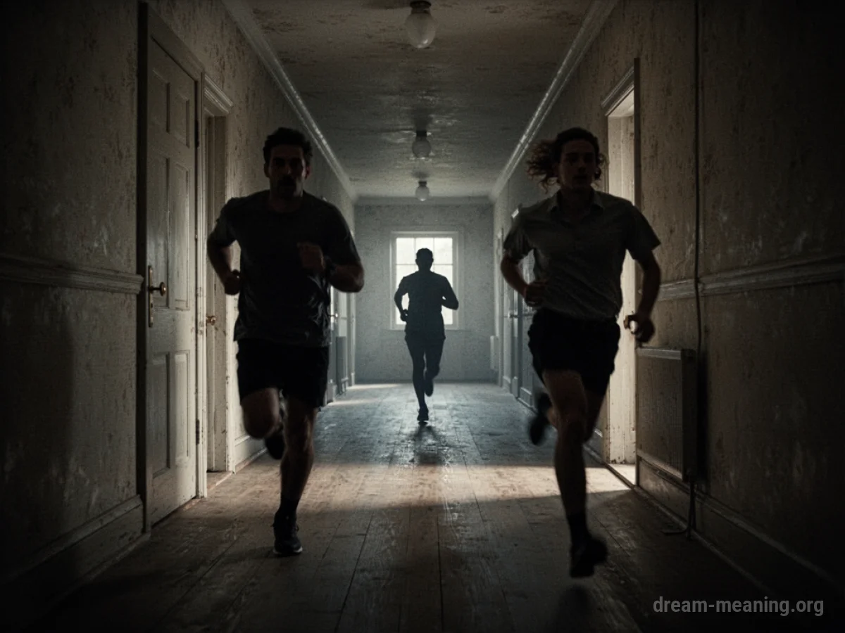 View from behind a person running down a long, dark, empty corridor.
