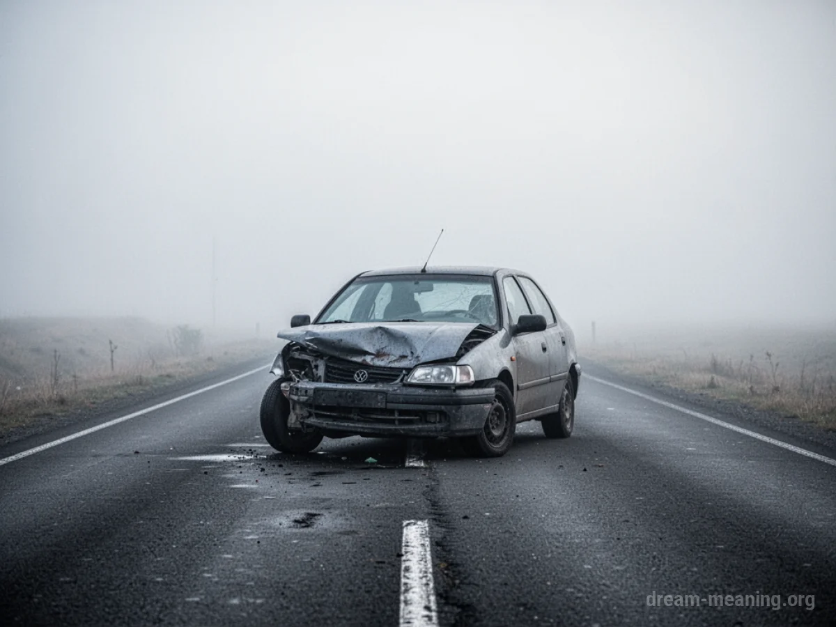 A car stopped on a foggy road with minor front-end damage.