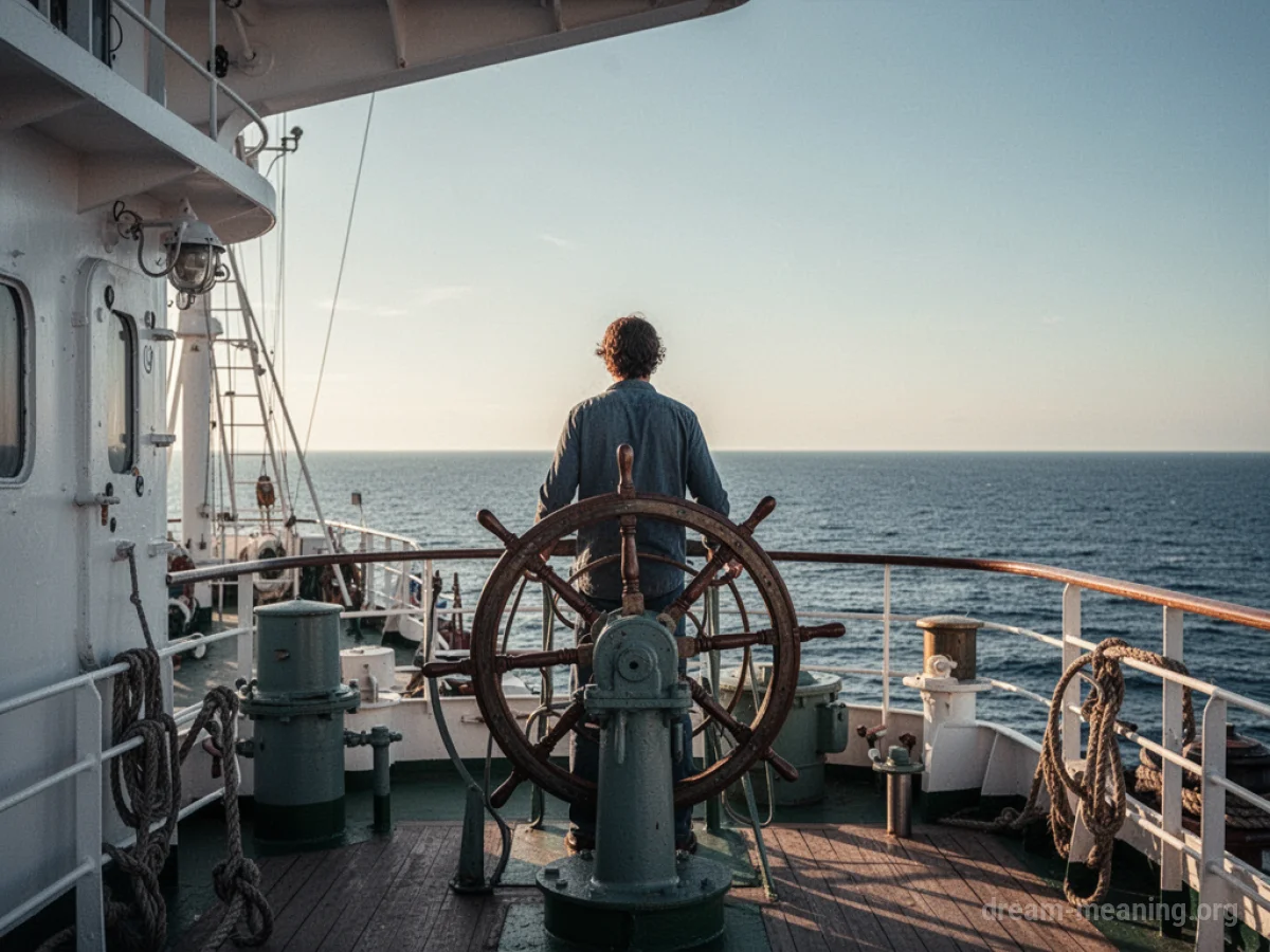 Person at the helm of a ship steering forward.