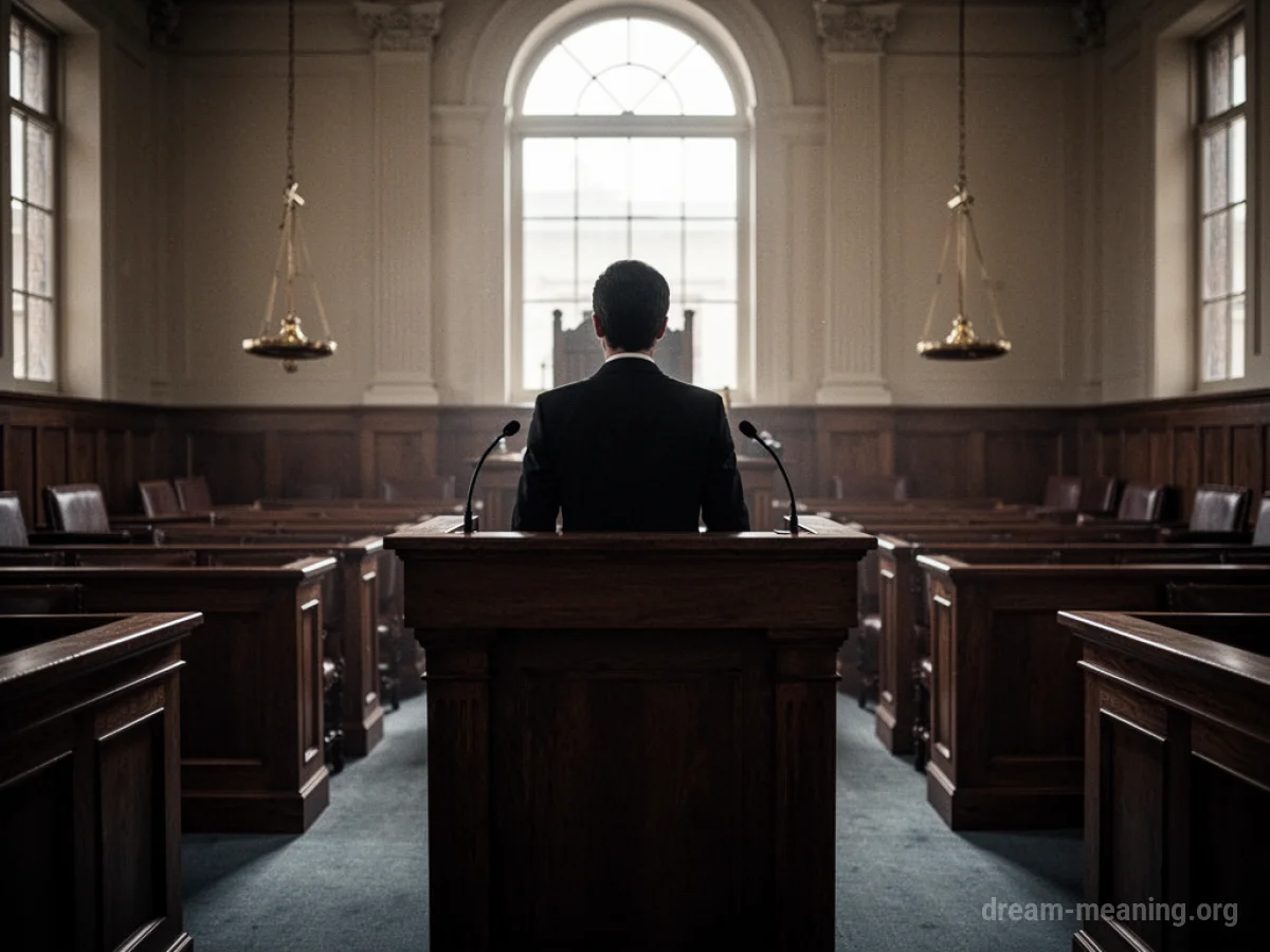 Silhouette of a person at a lawyer's podium in an empty courtroom.