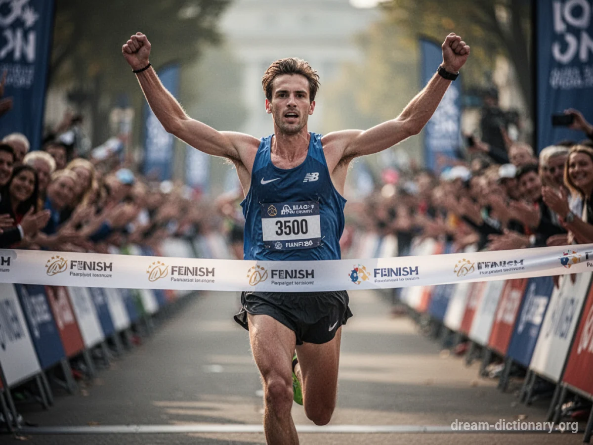 A silhouette of a person crossing a finish line with their arms raised.
