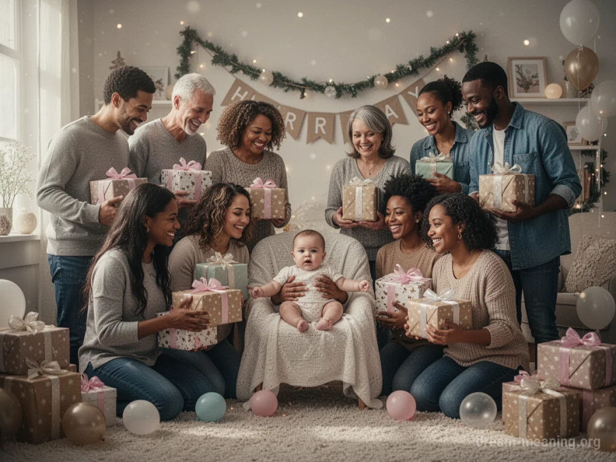 People celebrating a new baby in a room with decorations.