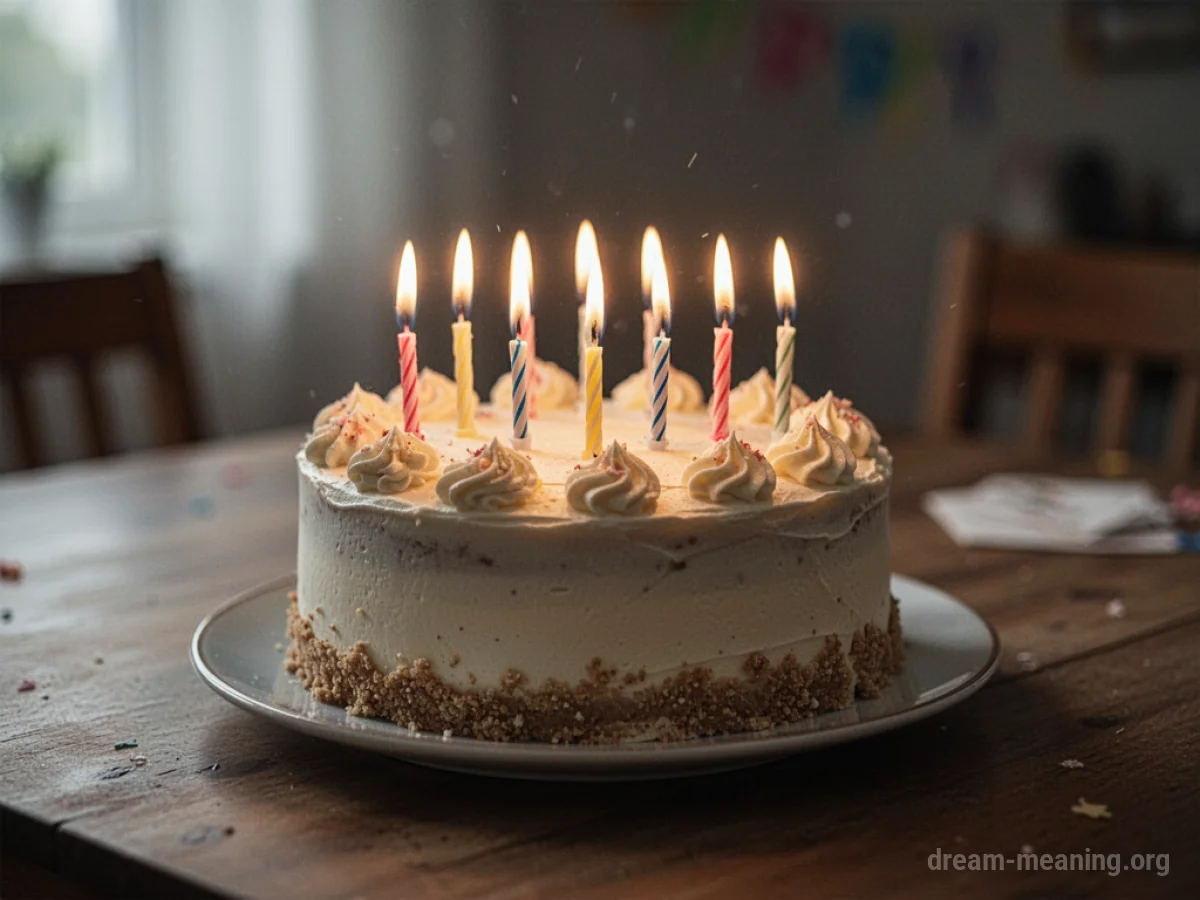 A birthday cake with lit candles.