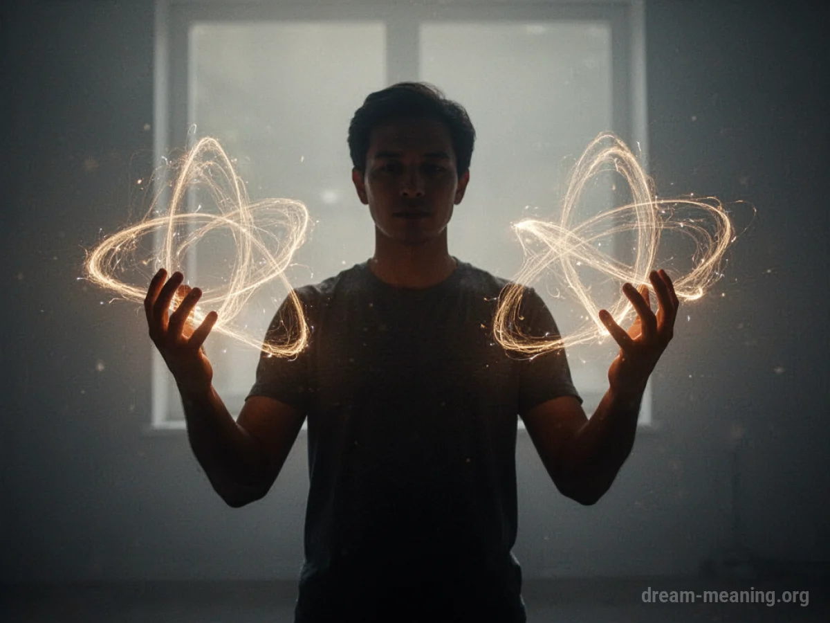 Silhouette of a person with light forming shapes from their hands.