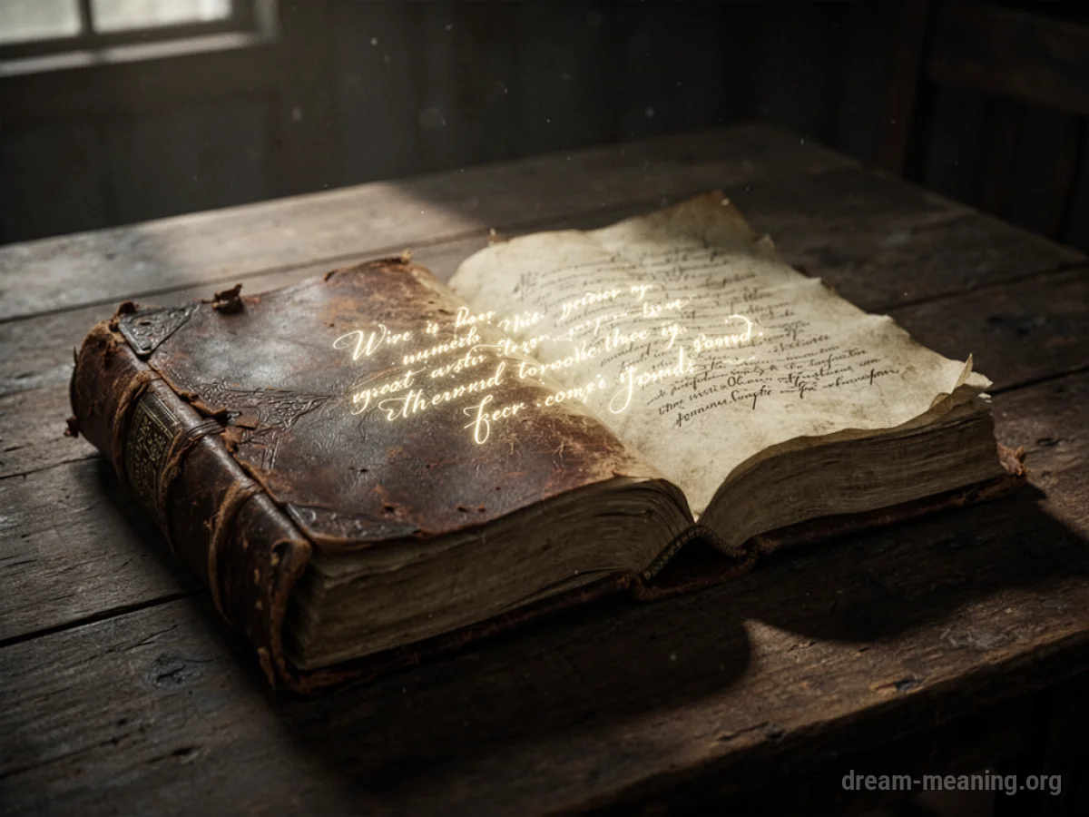 An ancient book open on a table with glowing script.