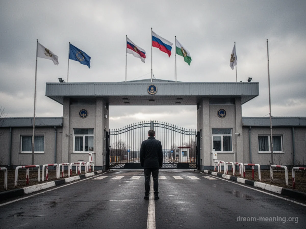 A figure facing a border checkpoint gate under a cloudy sky.