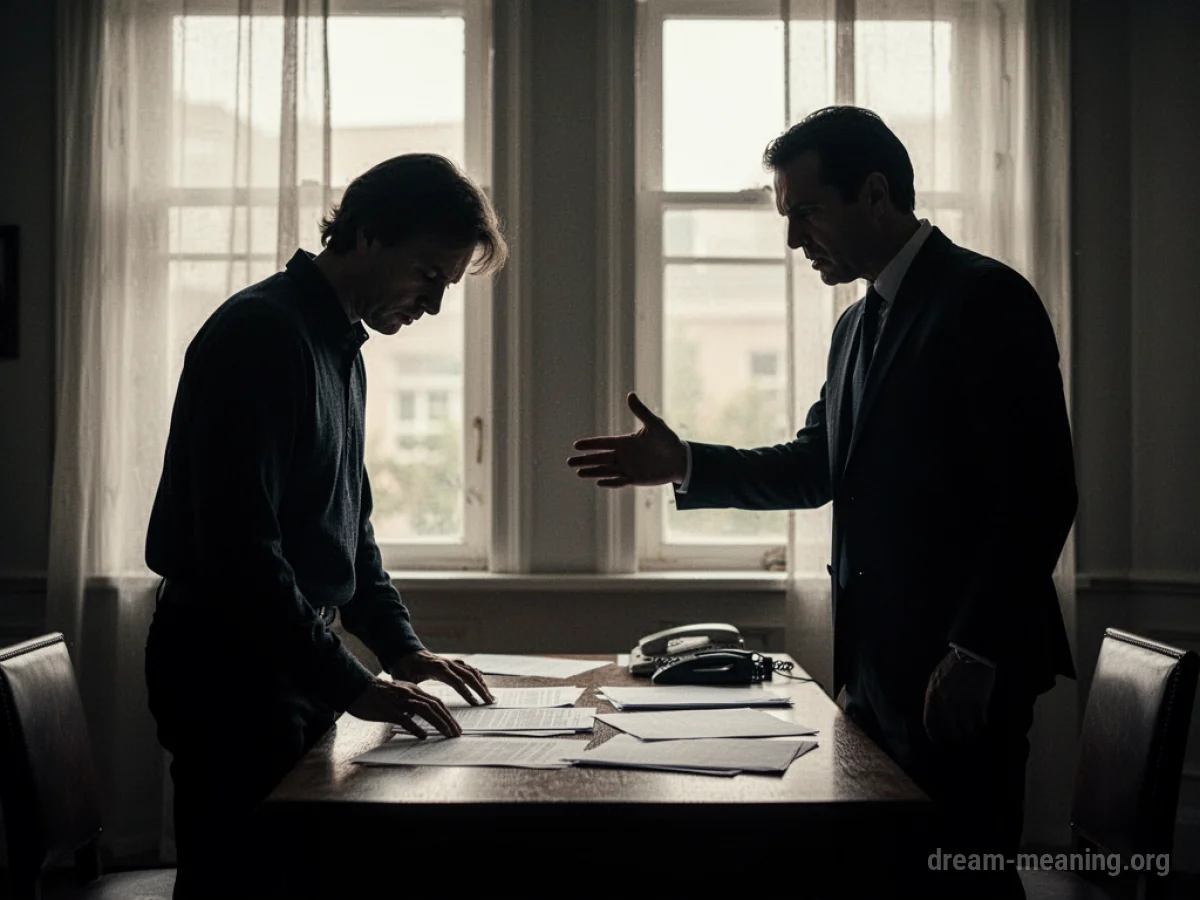 Silhouette of a boss gesturing sternly towards an employee at a desk.