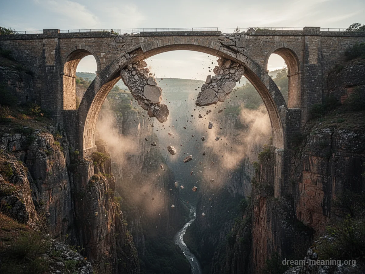 A stone bridge breaking apart over a canyon.