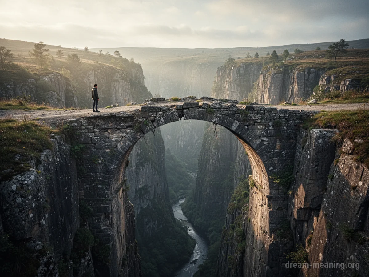 A stone bridge broken in the middle over a deep gorge.