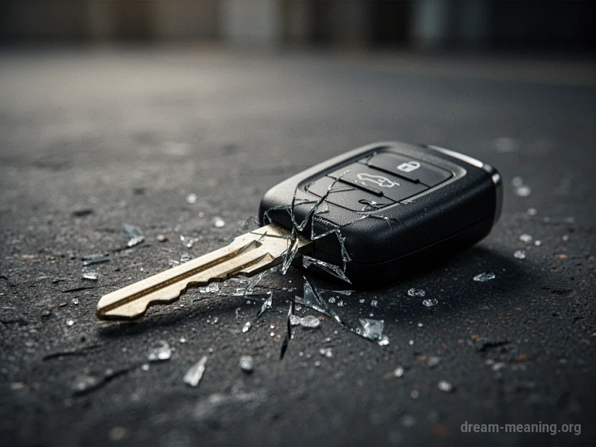 A car key snapped in half on a dark surface.