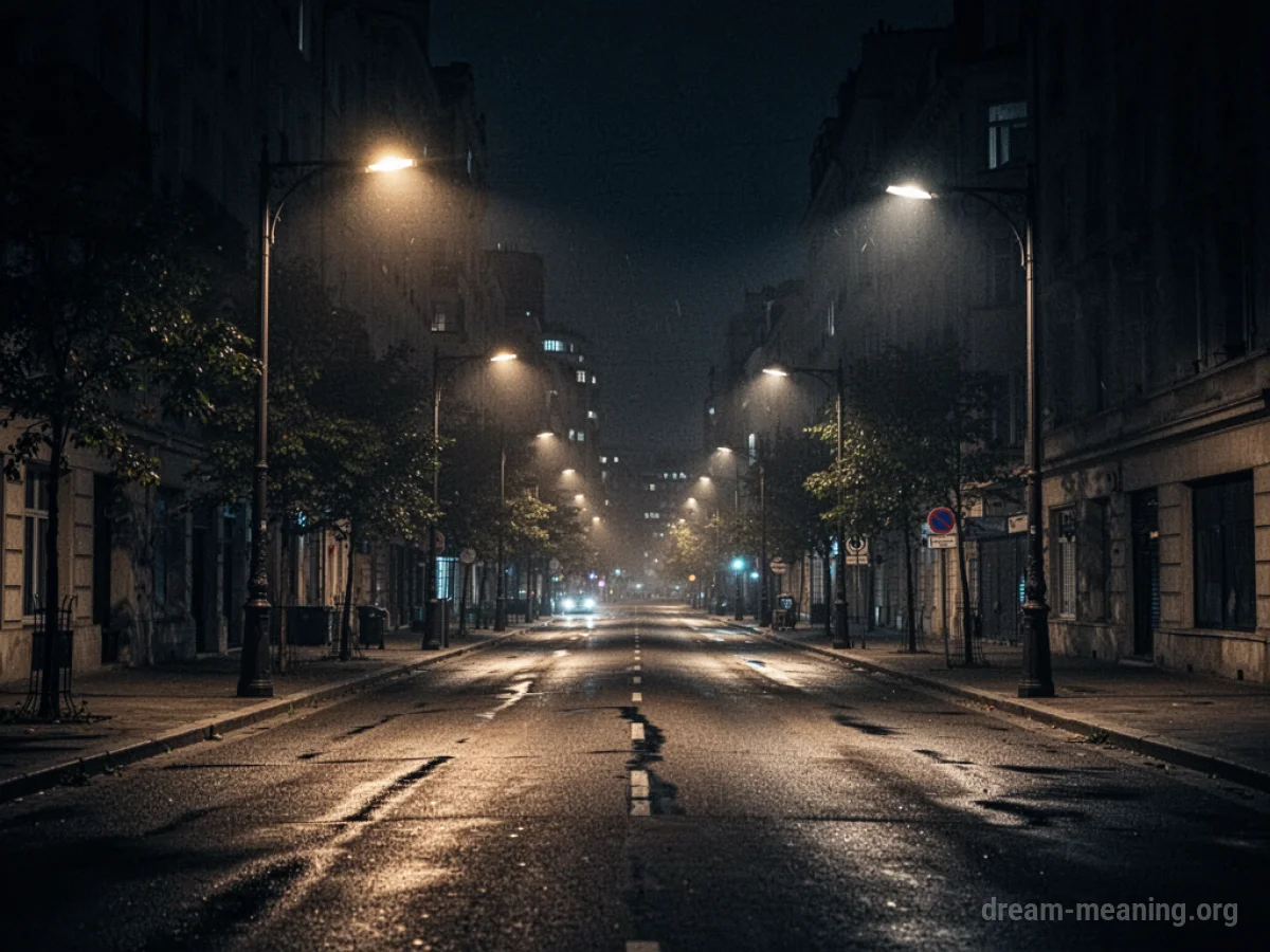 A dark city street with several broken streetlights.