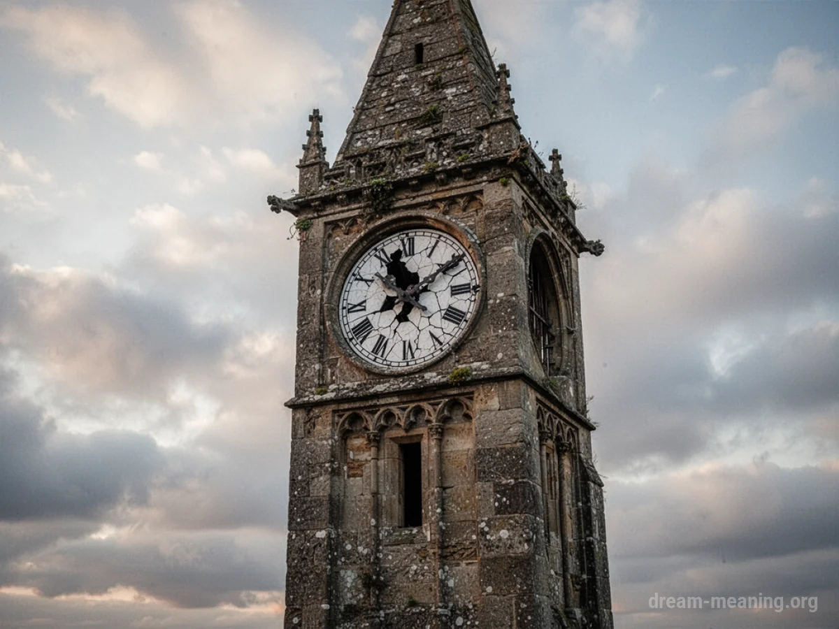 A damaged clock tower with a cracked face.