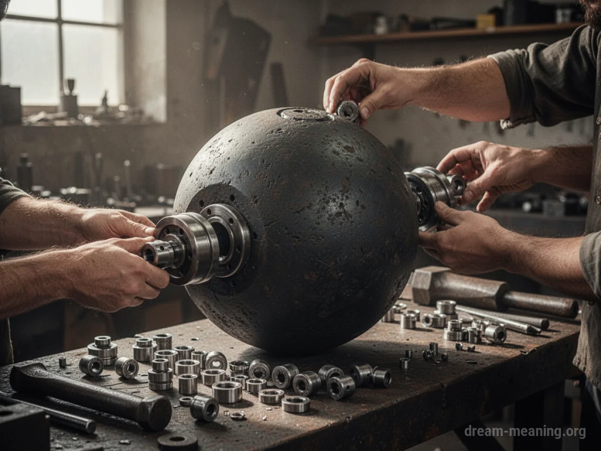 A cannonball being constructed from various parts in a workshop setting.