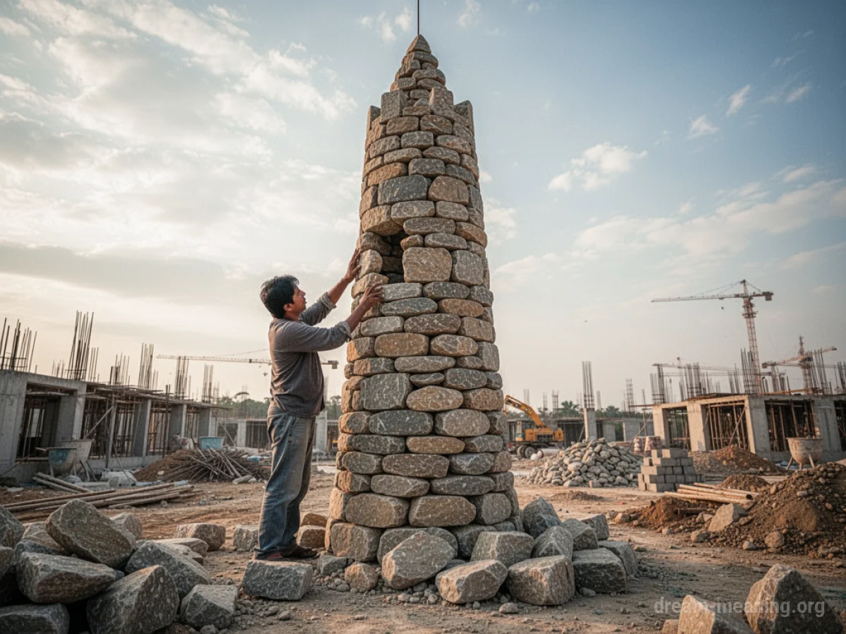 A person building a stone castle tower amidst a construction site.