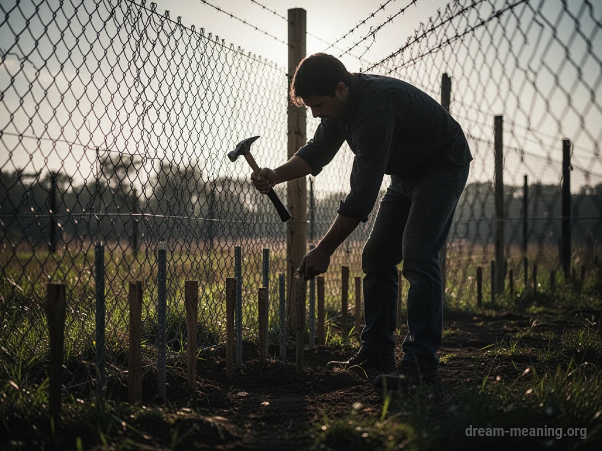 Silhouette of a person constructing a chain-link fence.