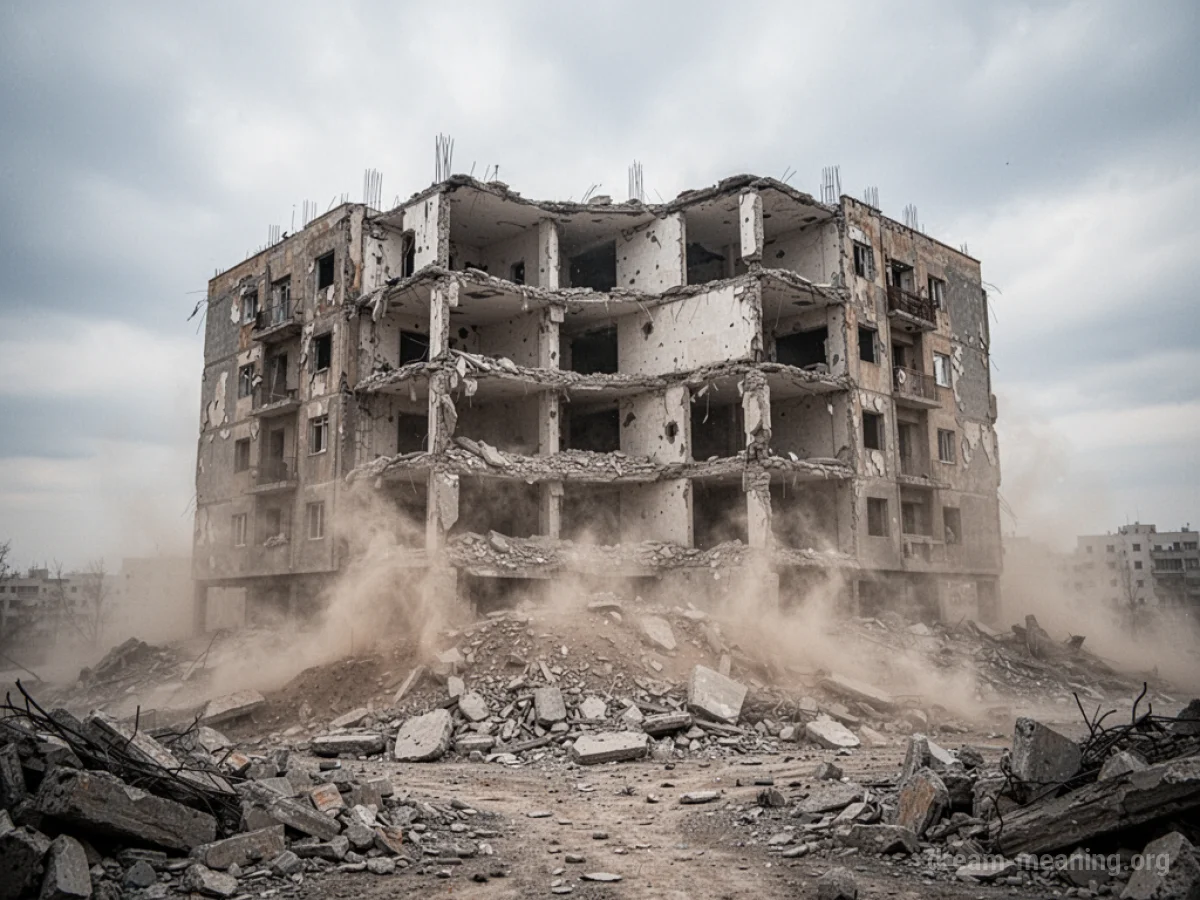 A damaged building with visible cracks and fallen sections.