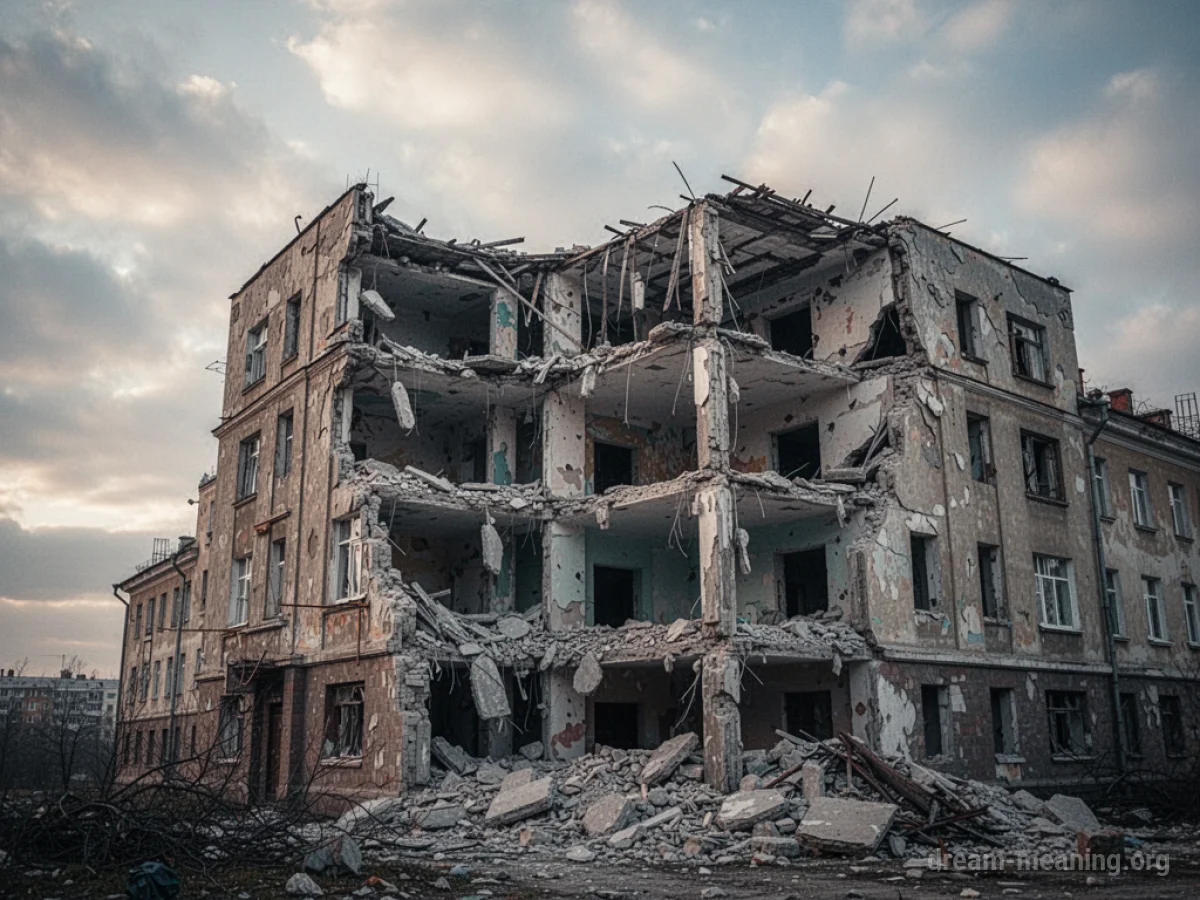 A damaged building under a gray sky.