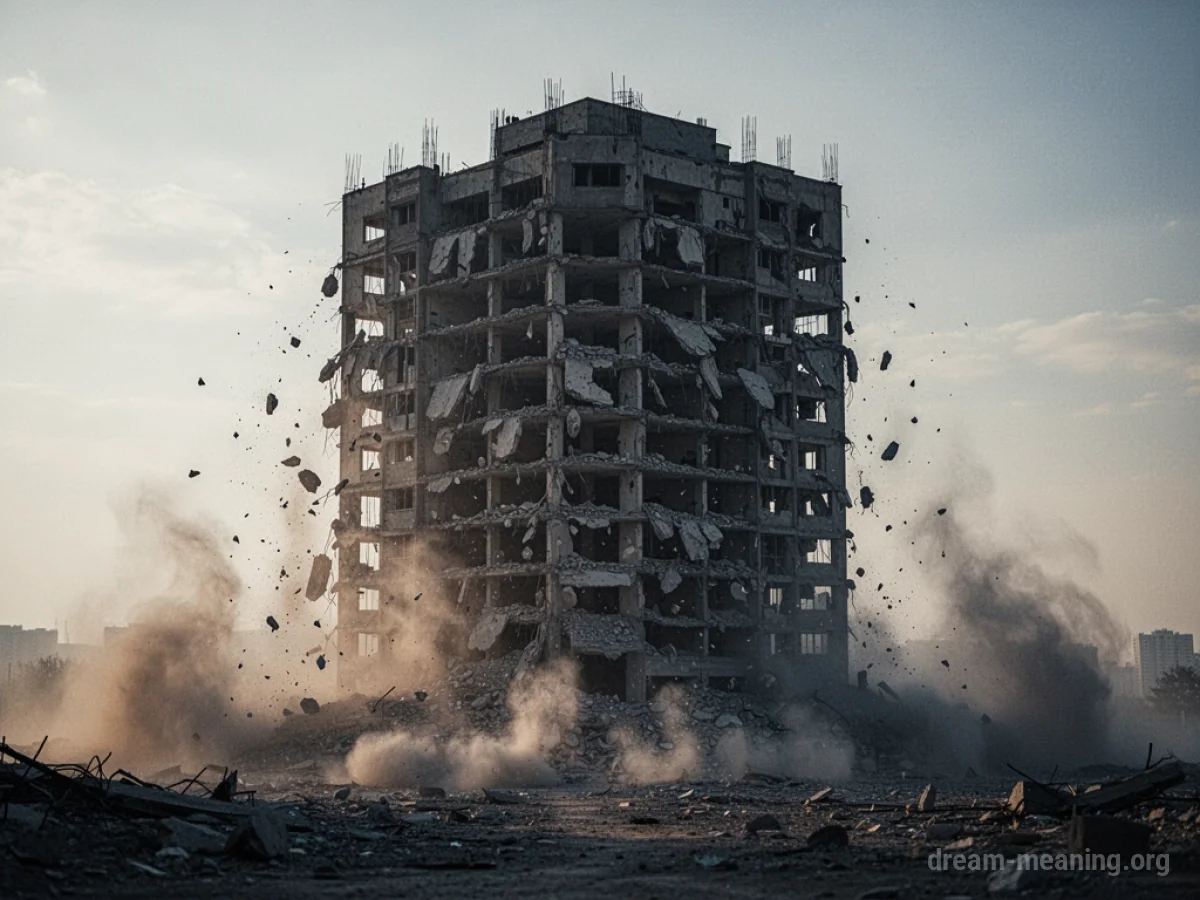 A large building in the process of structural failure, with debris falling.