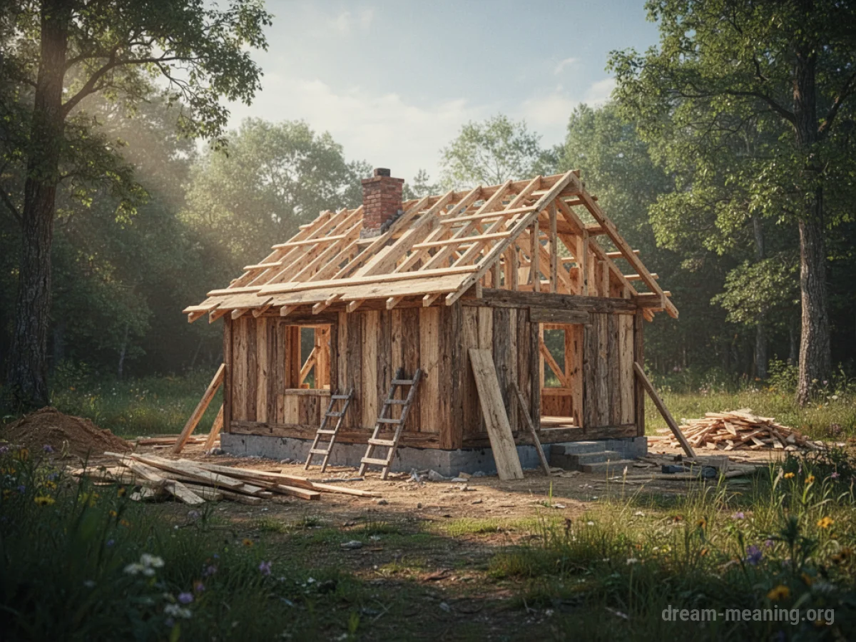A small cottage under construction in a clearing.