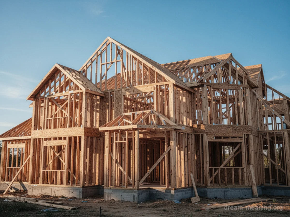 A wooden frame of a house under construction against a bright sky.