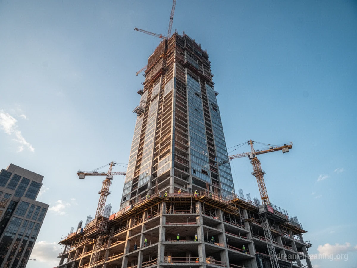 A tall skyscraper under construction against a bright sky.