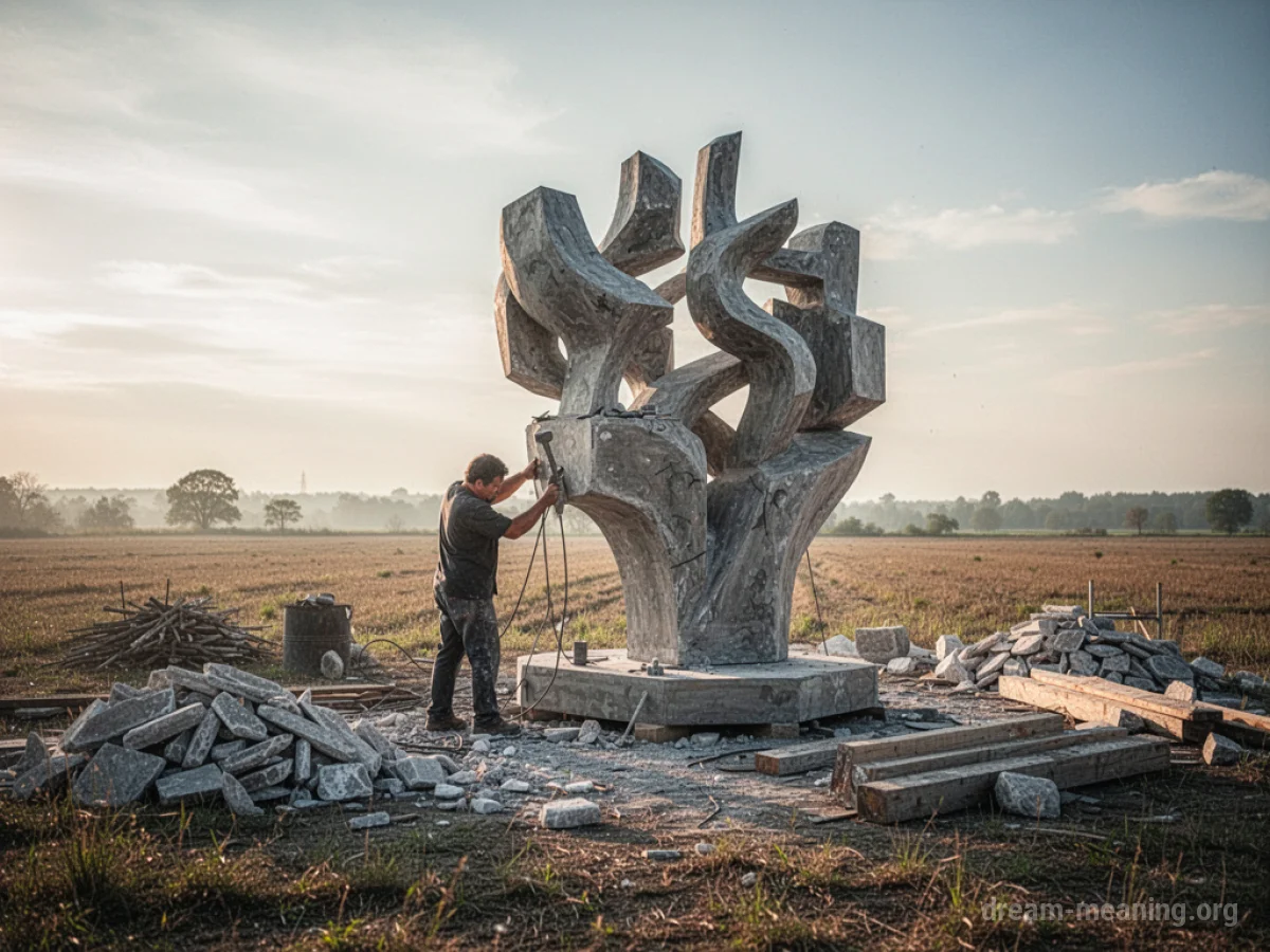 A person working on a large sculpture in a bright field.