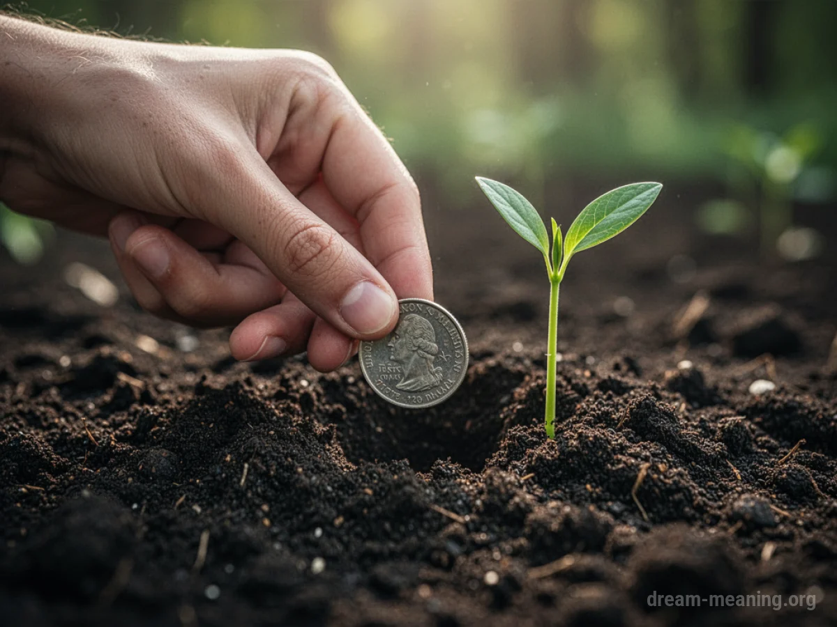 A hand burying a coin in the earth.