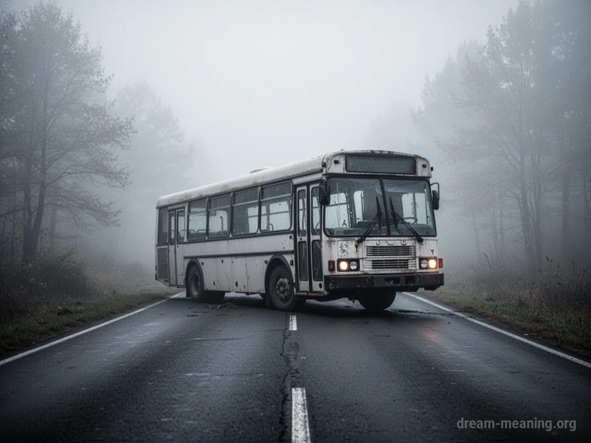 An empty bus stopped on a misty road.