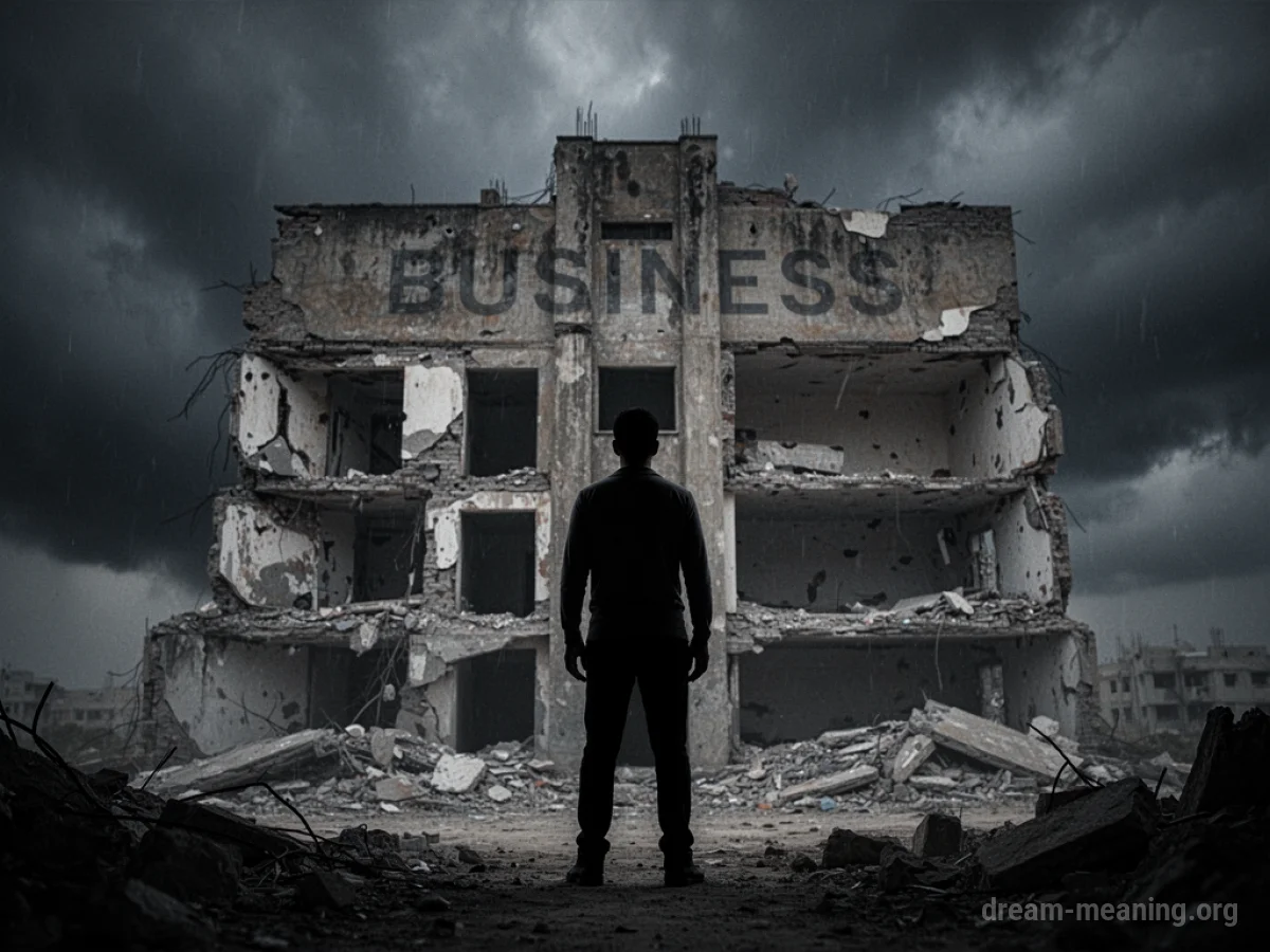 Silhouette of a person facing a collapsing building.