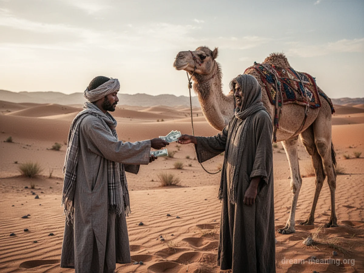 A person exchanging money for a camel in a desert.