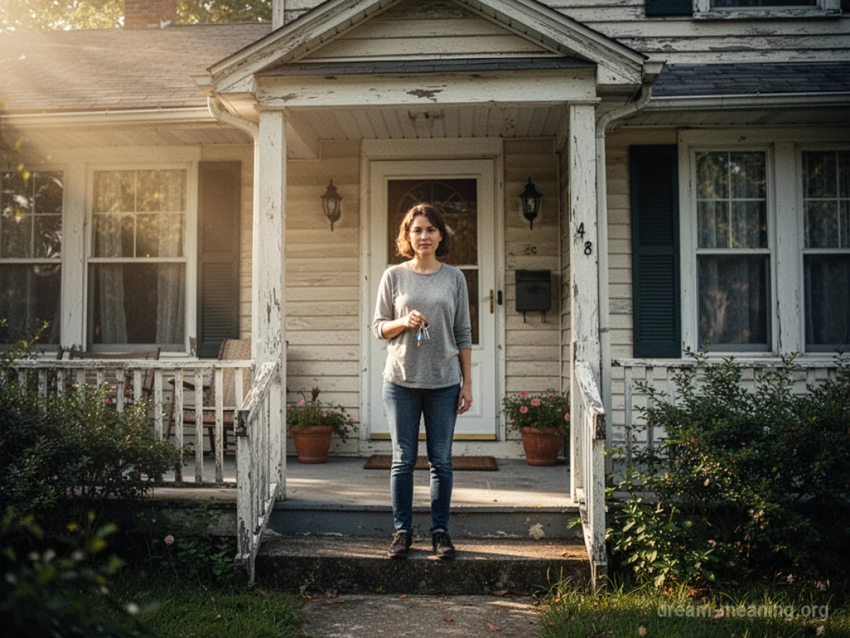 Person holding keys in front of a childhood home.