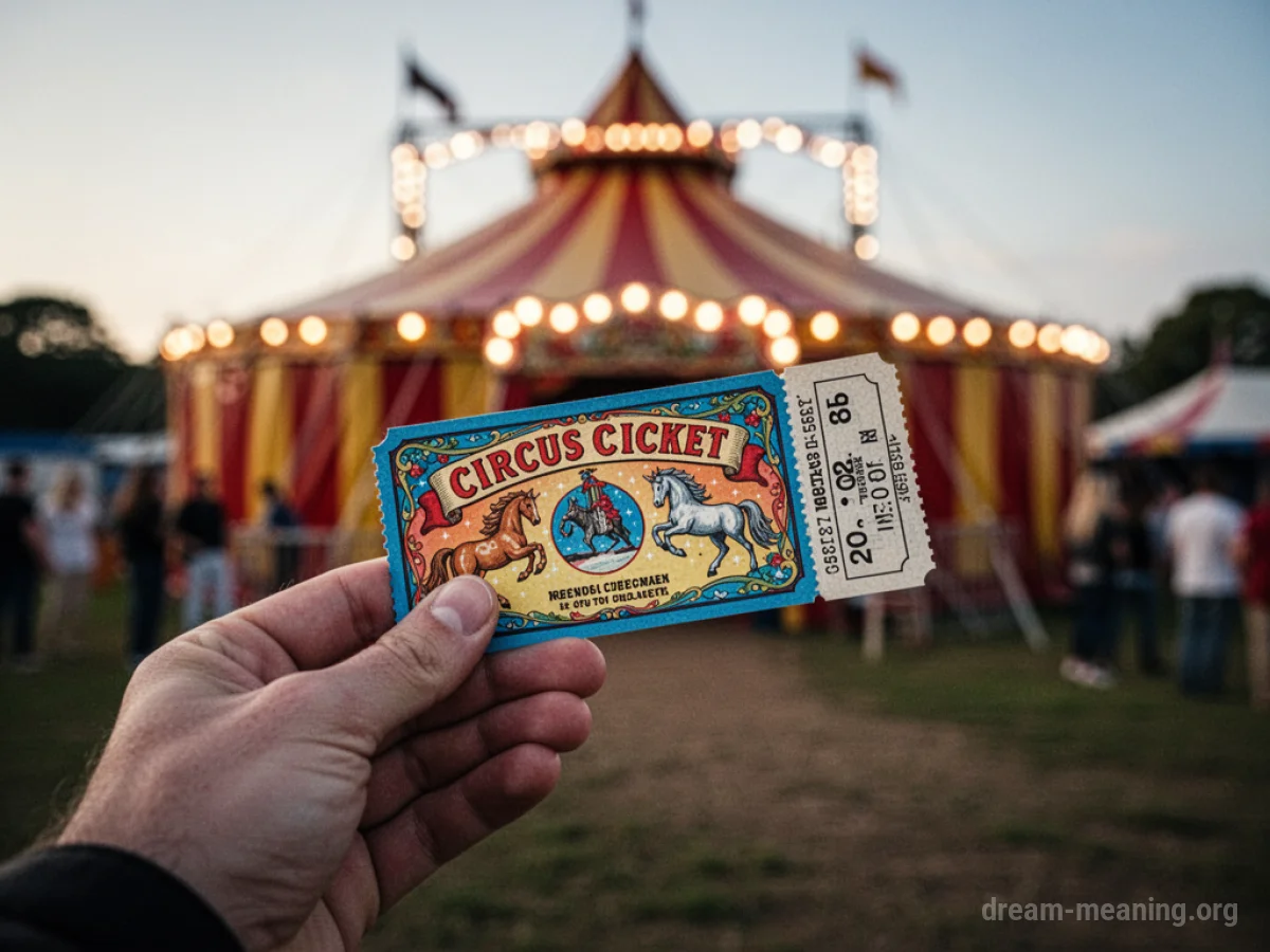 A hand holds a single circus ticket with a blurred circus tent in the background.
