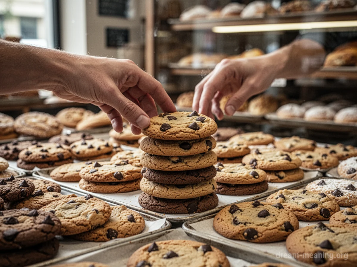 A hand selecting cookies from a display.