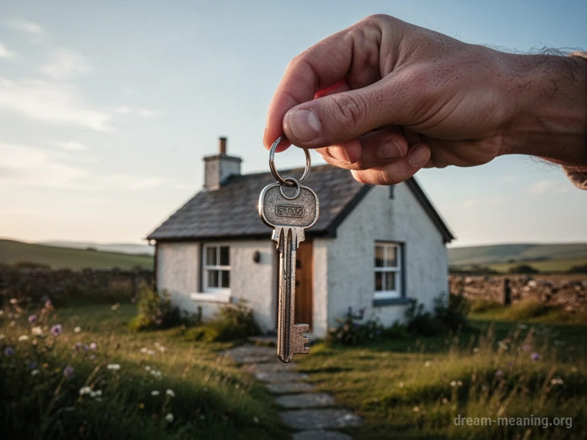 A hand holding a house key with a small cottage in the distance.