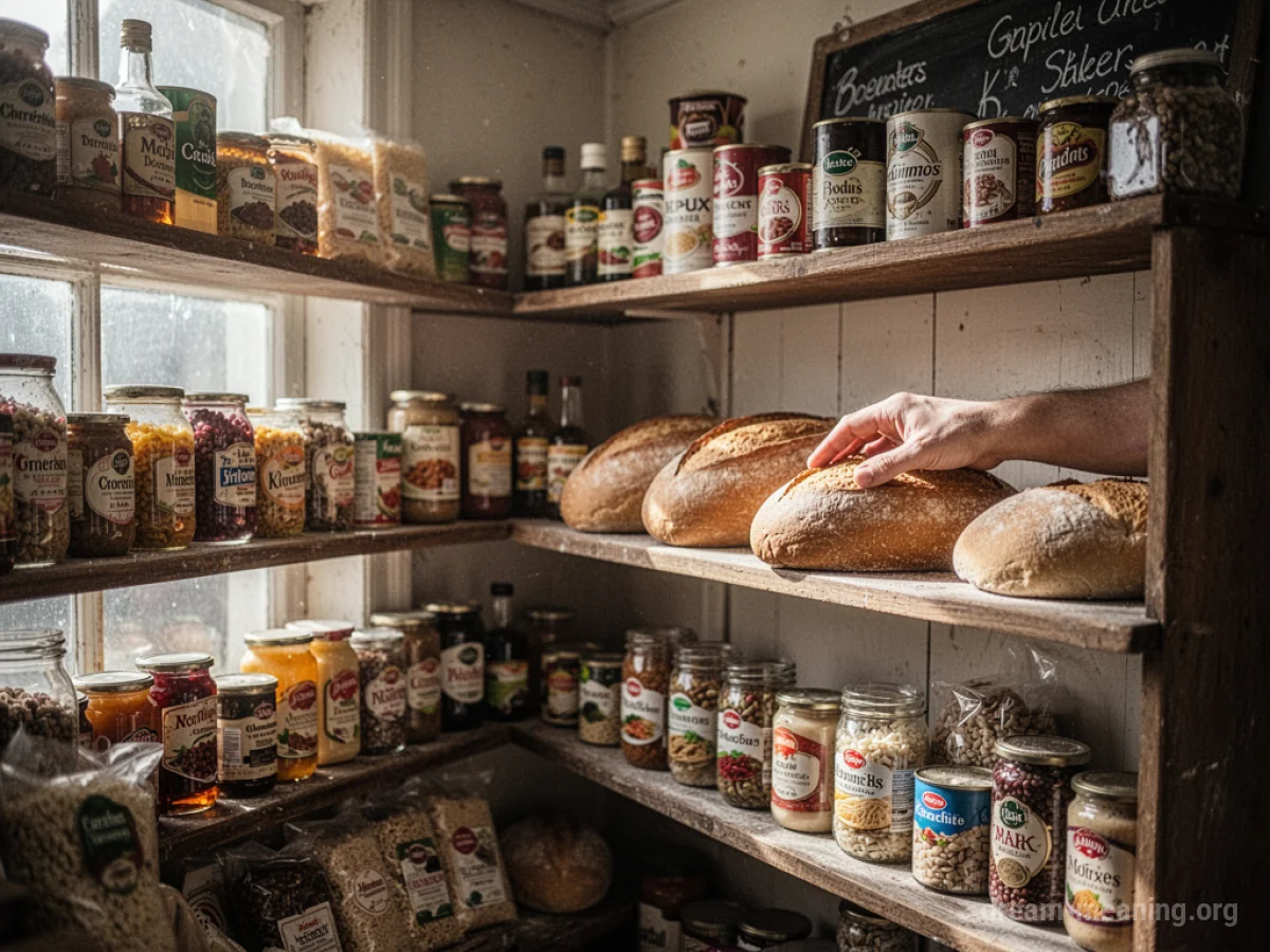 A hand reaching for a loaf of bread on a shelf inside a corner shop.