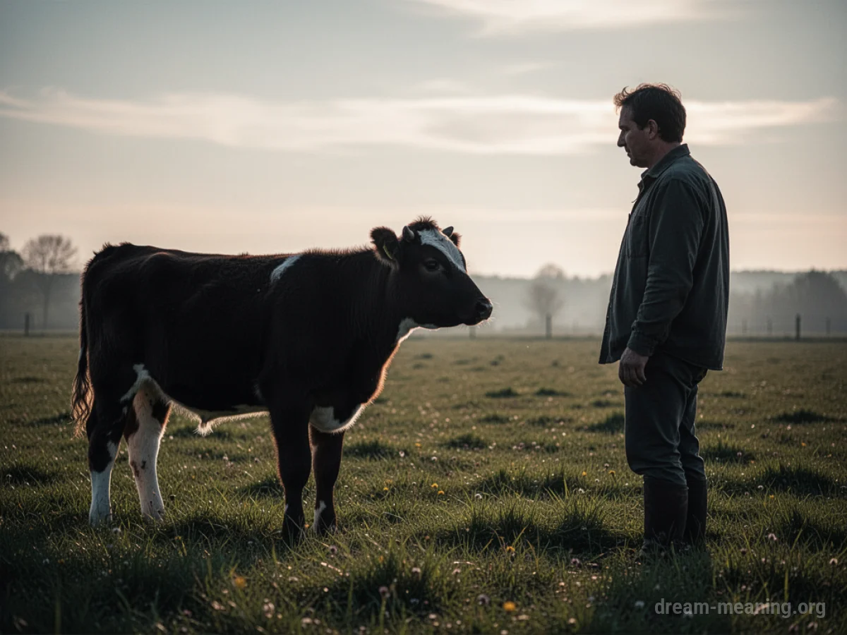 Silhouette of a young cow facing a person in a field.