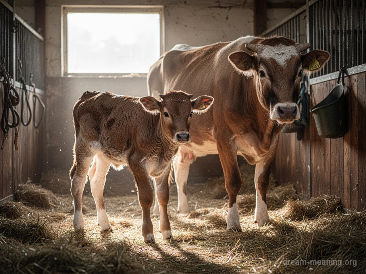 A newborn calf standing next to a cow in a stable.