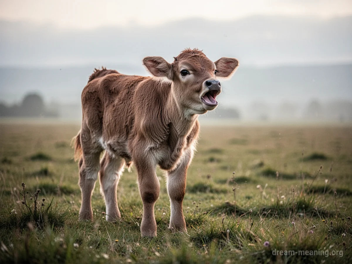 A young calf standing in a field with its mouth open.
