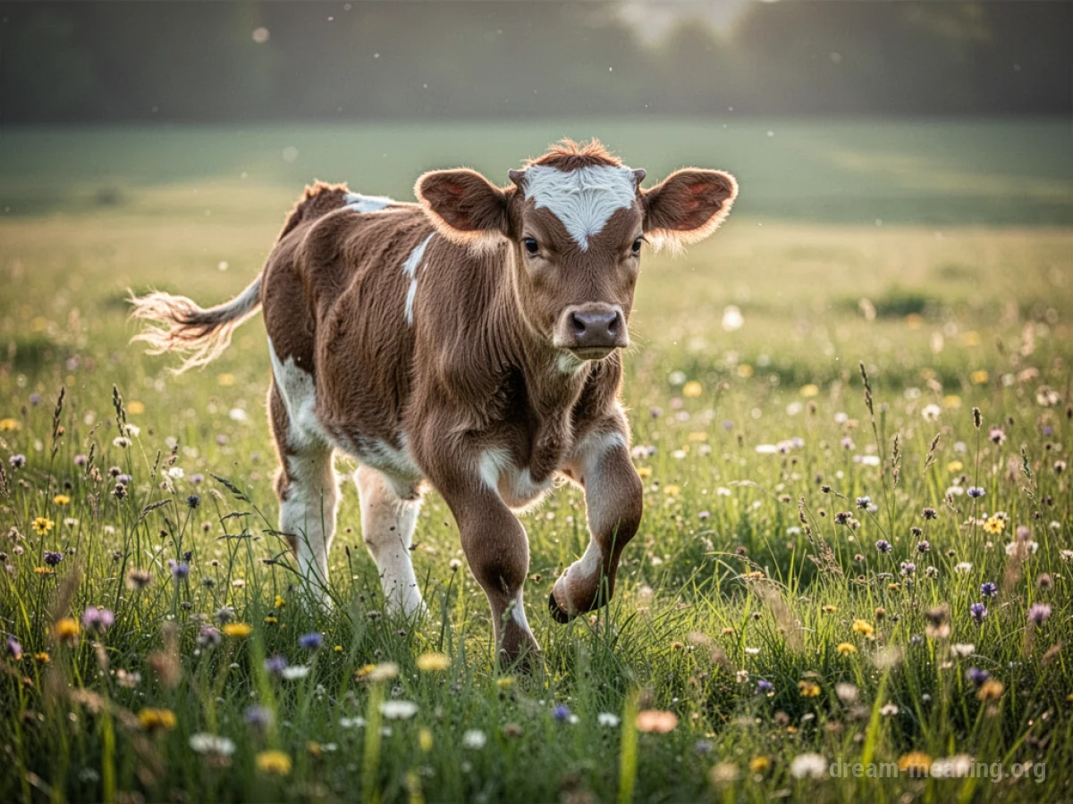 A calf running and jumping in a field.