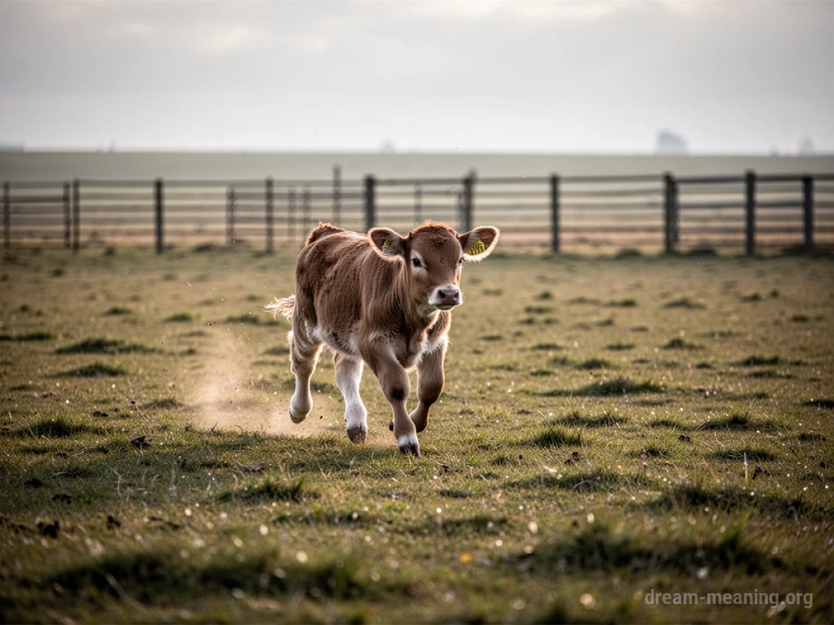 A young calf running away across a green field.