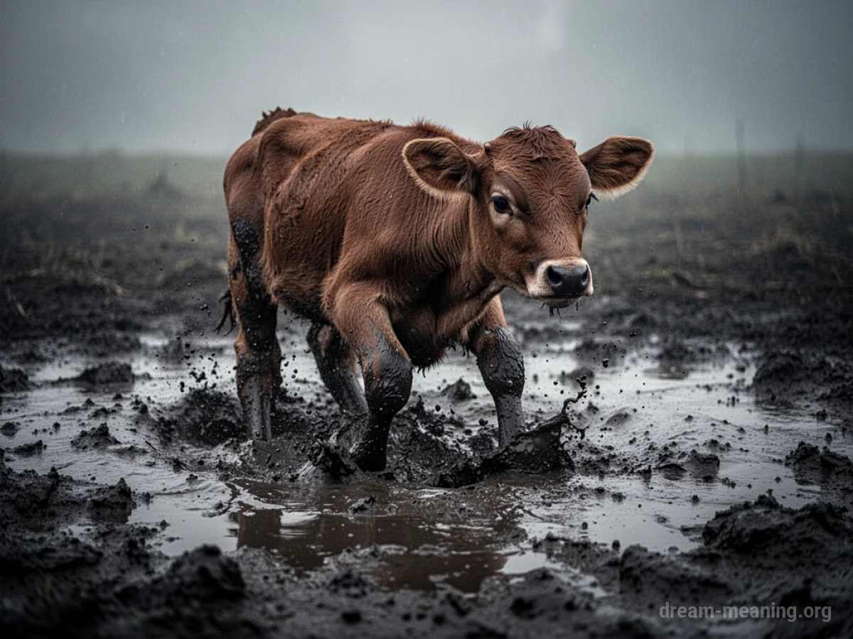 A calf stuck in mud.