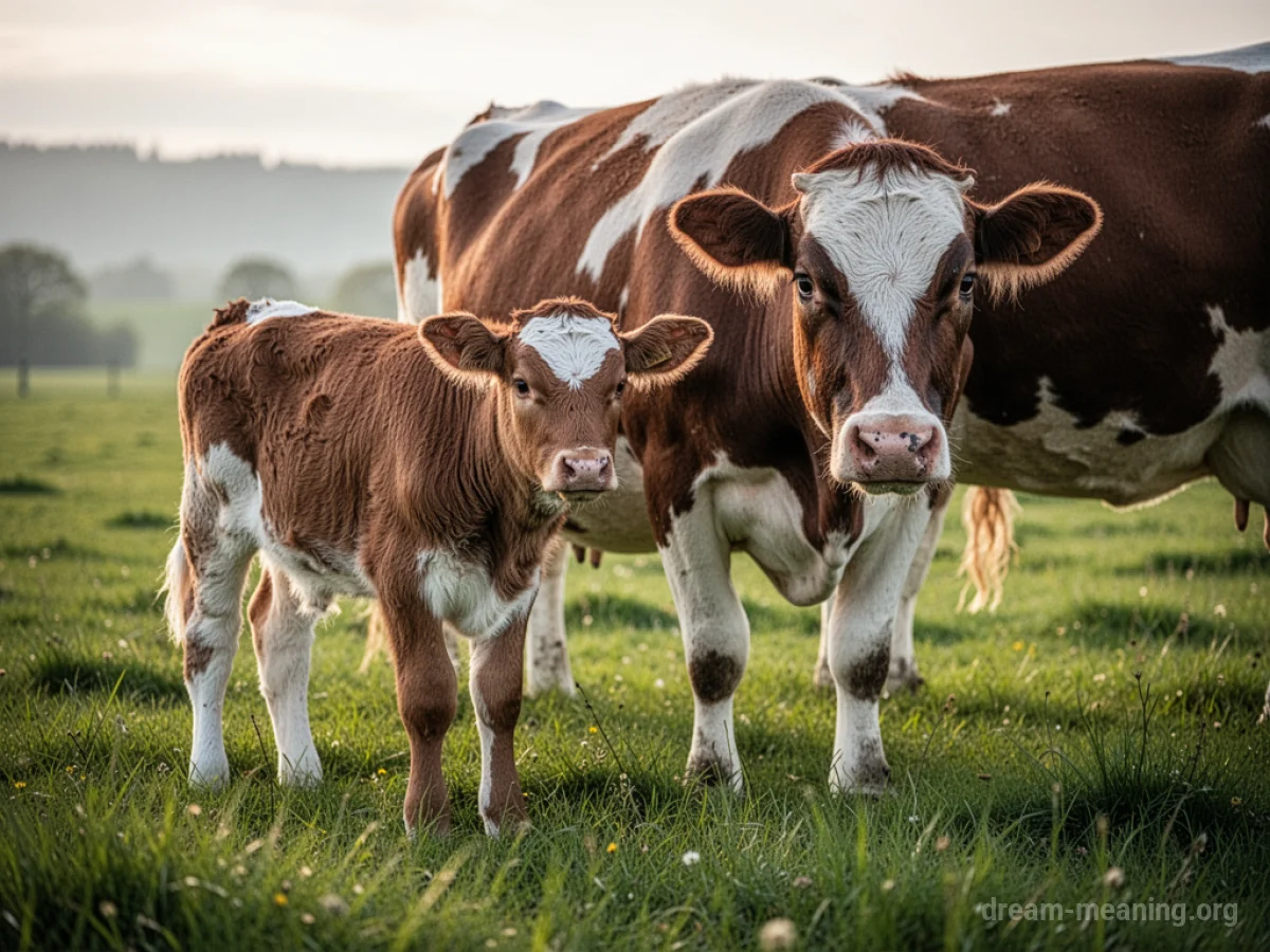 A young calf standing next to its mother cow in a grassy field.